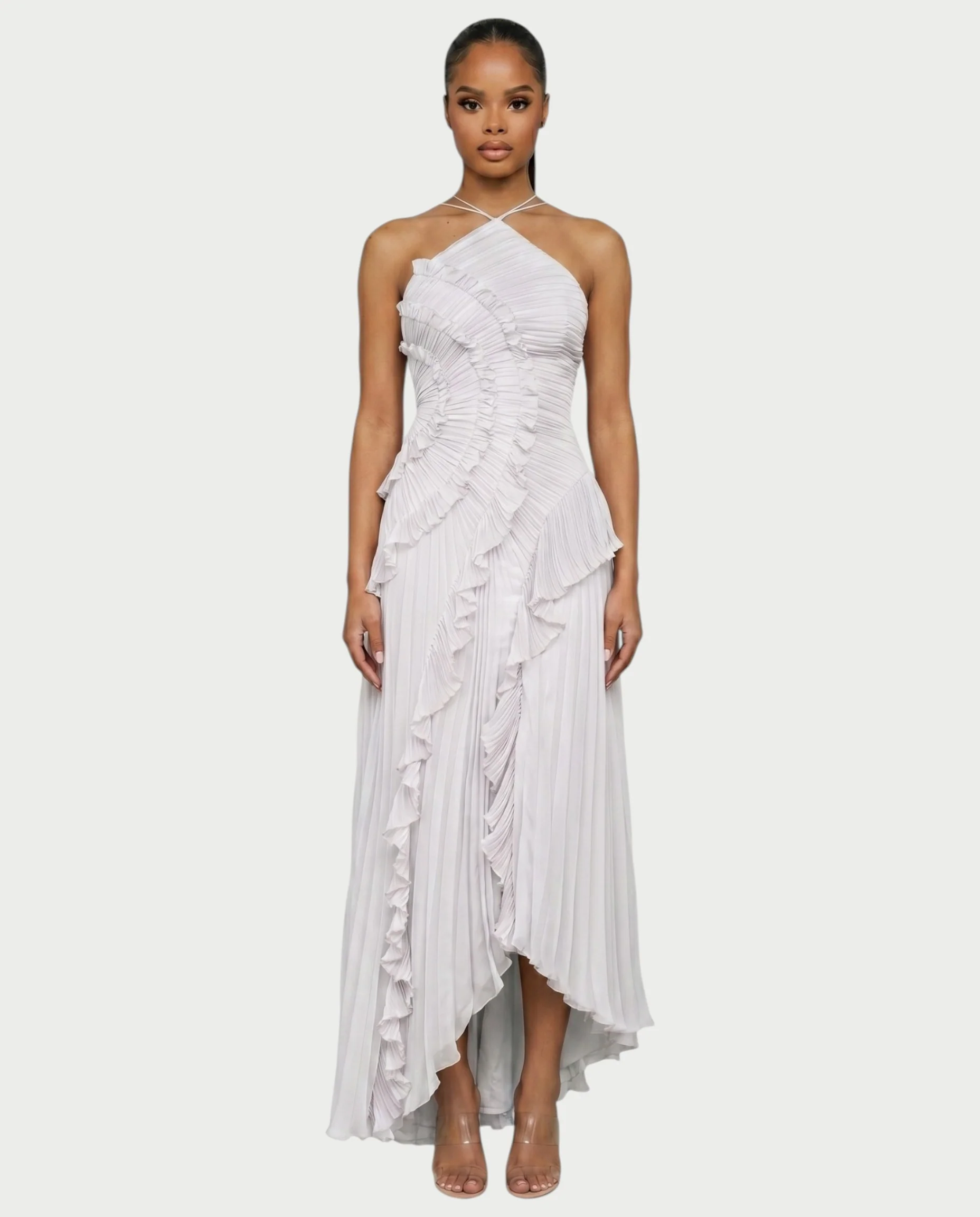 XYLORIA Chiffon Pleated Ruffle Asymmetrical Maxi Dress - Image 6
