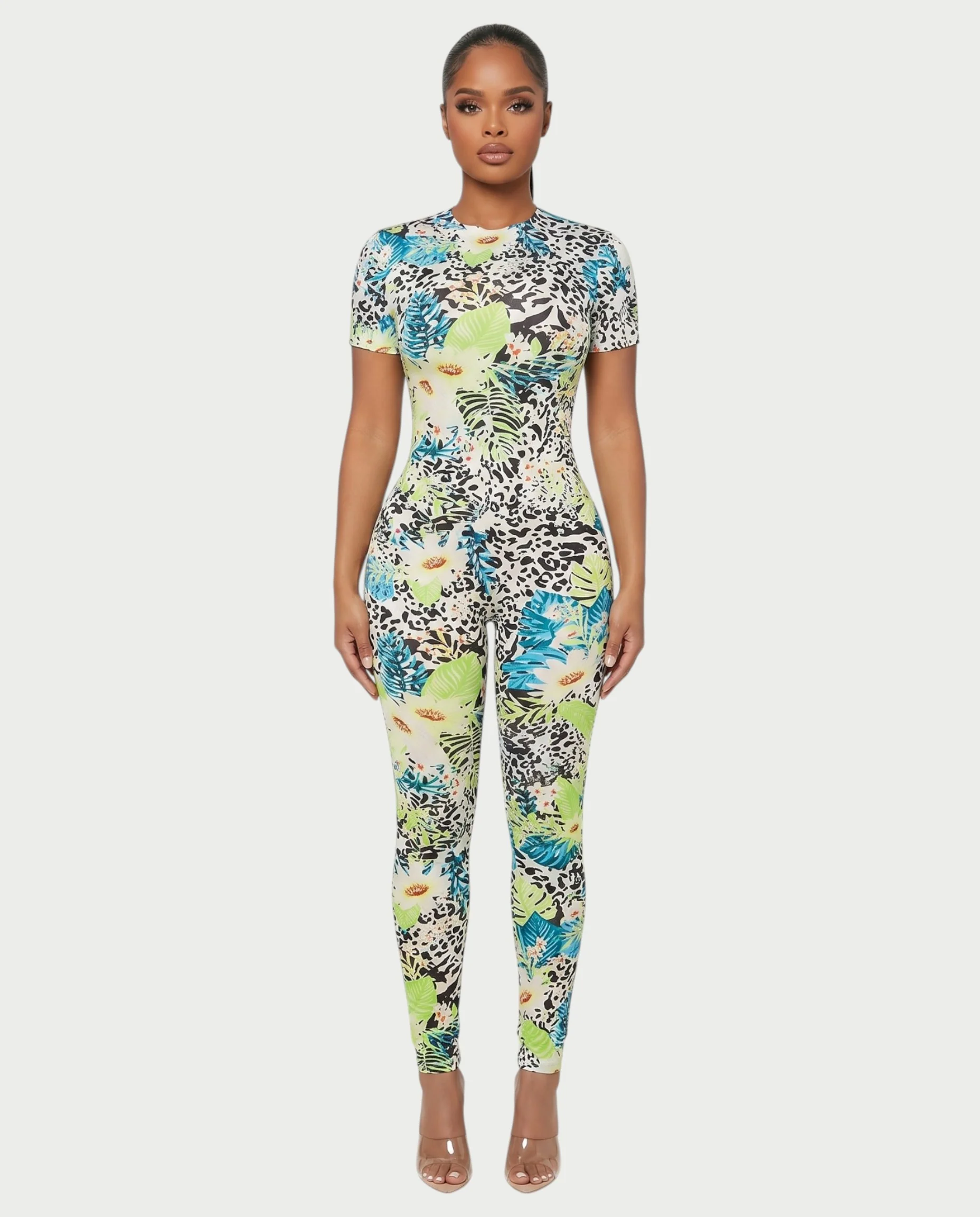 YSSA Tropical Print Short Sleeve Bodycon Jumpsuit