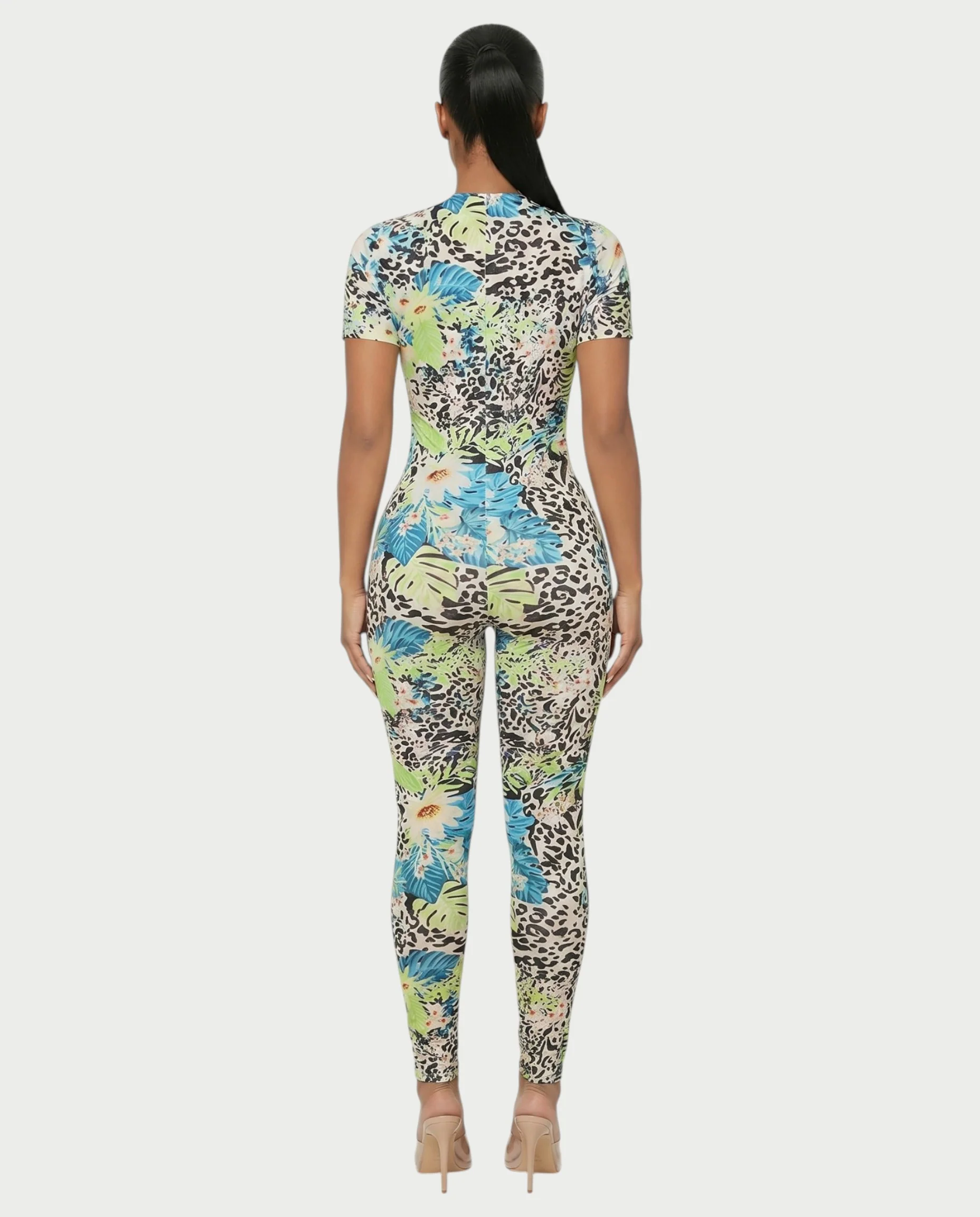 YSSA Tropical Print Short Sleeve Bodycon Jumpsuit - Image 2
