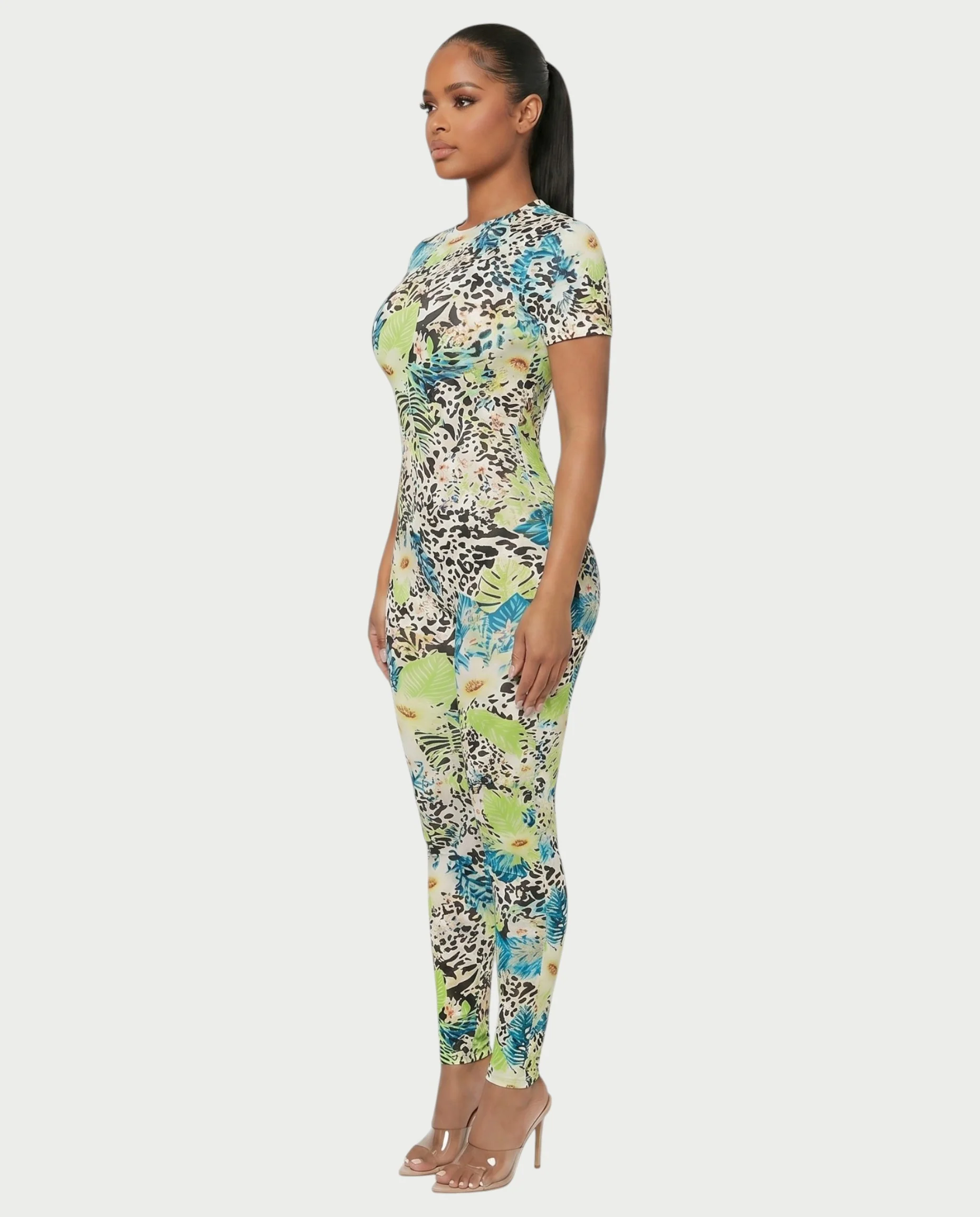 YSSA Tropical Print Short Sleeve Bodycon Jumpsuit - Image 3