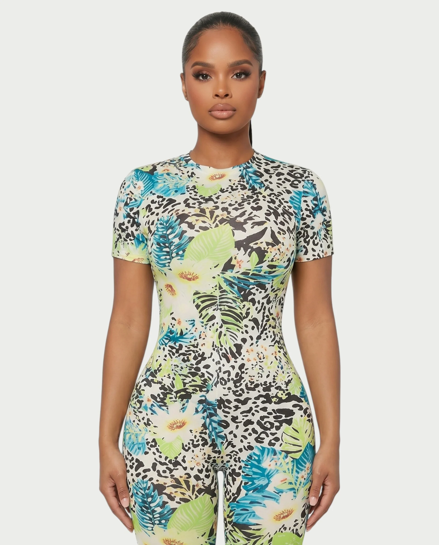 YSSA Tropical Print Short Sleeve Bodycon Jumpsuit - Image 4