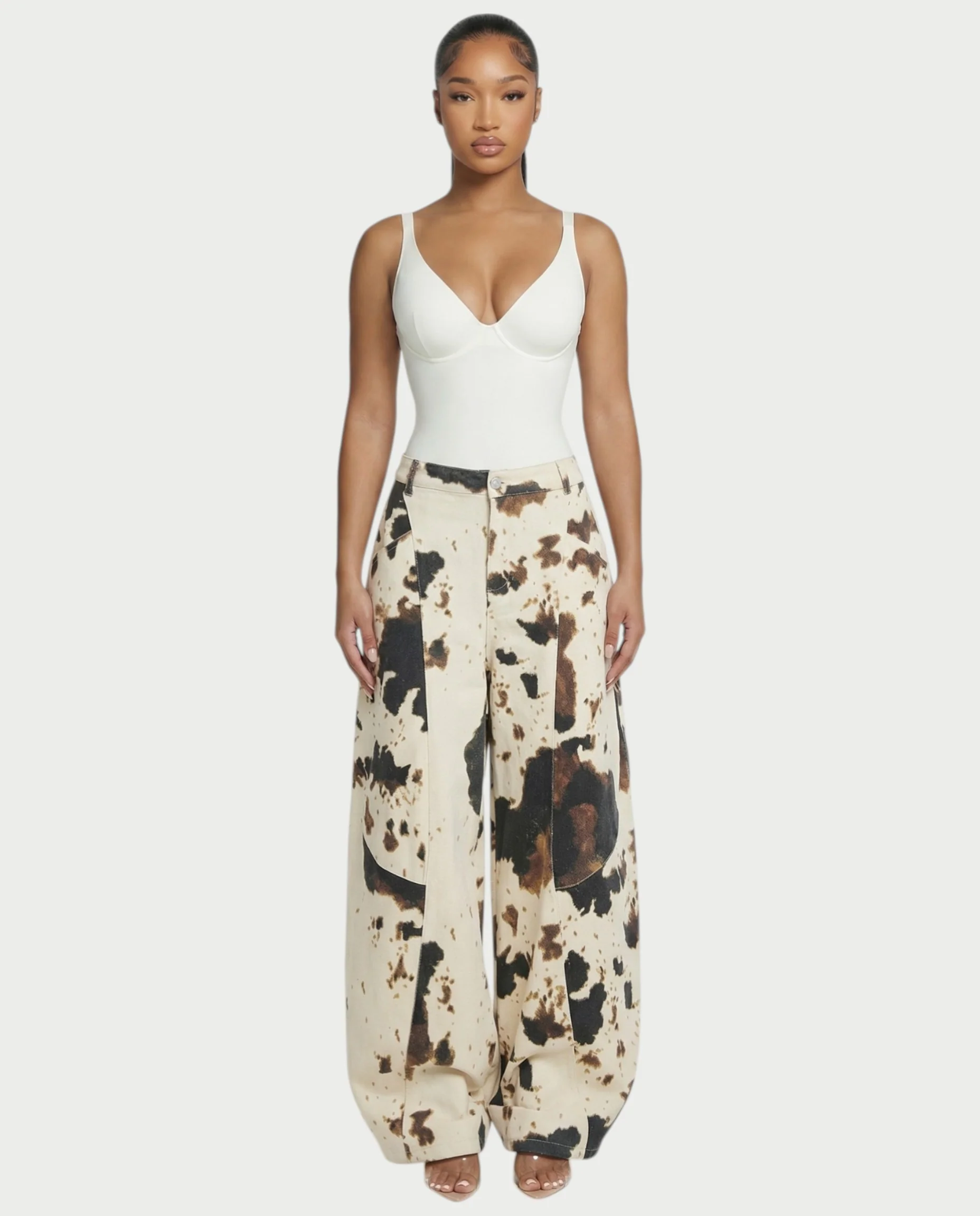 YUMINA Low-Rise Cow Print Wide Leg Pants - Image 2