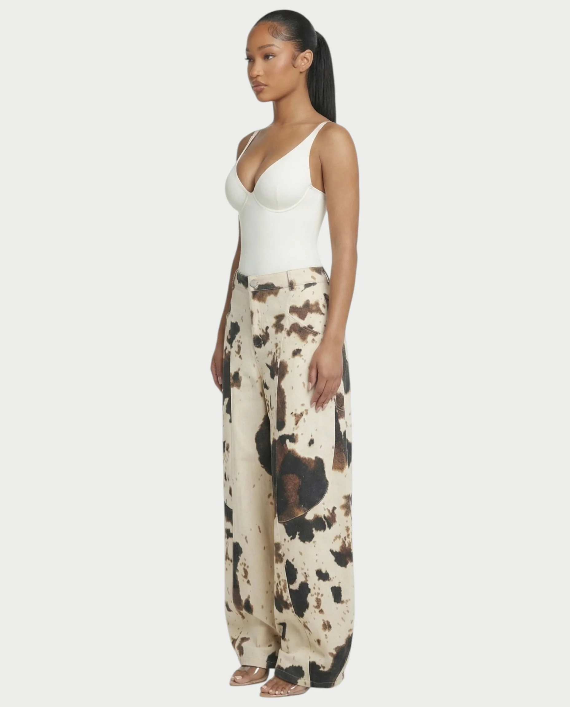 YUMINA Low-Rise Cow Print Wide Leg Pants - Image 4