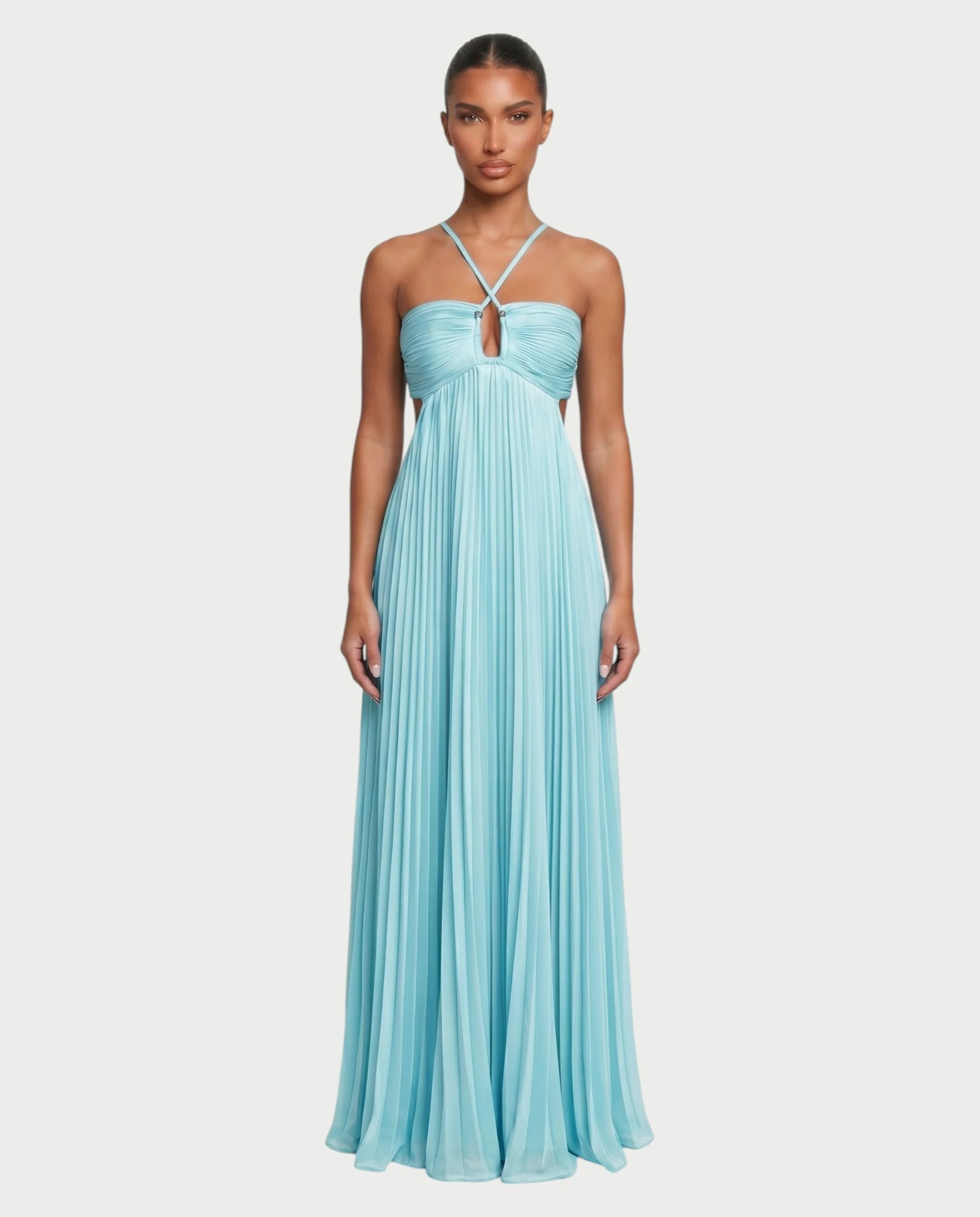 ZAFIEL Ruched Pleated Halter Maxi Dress