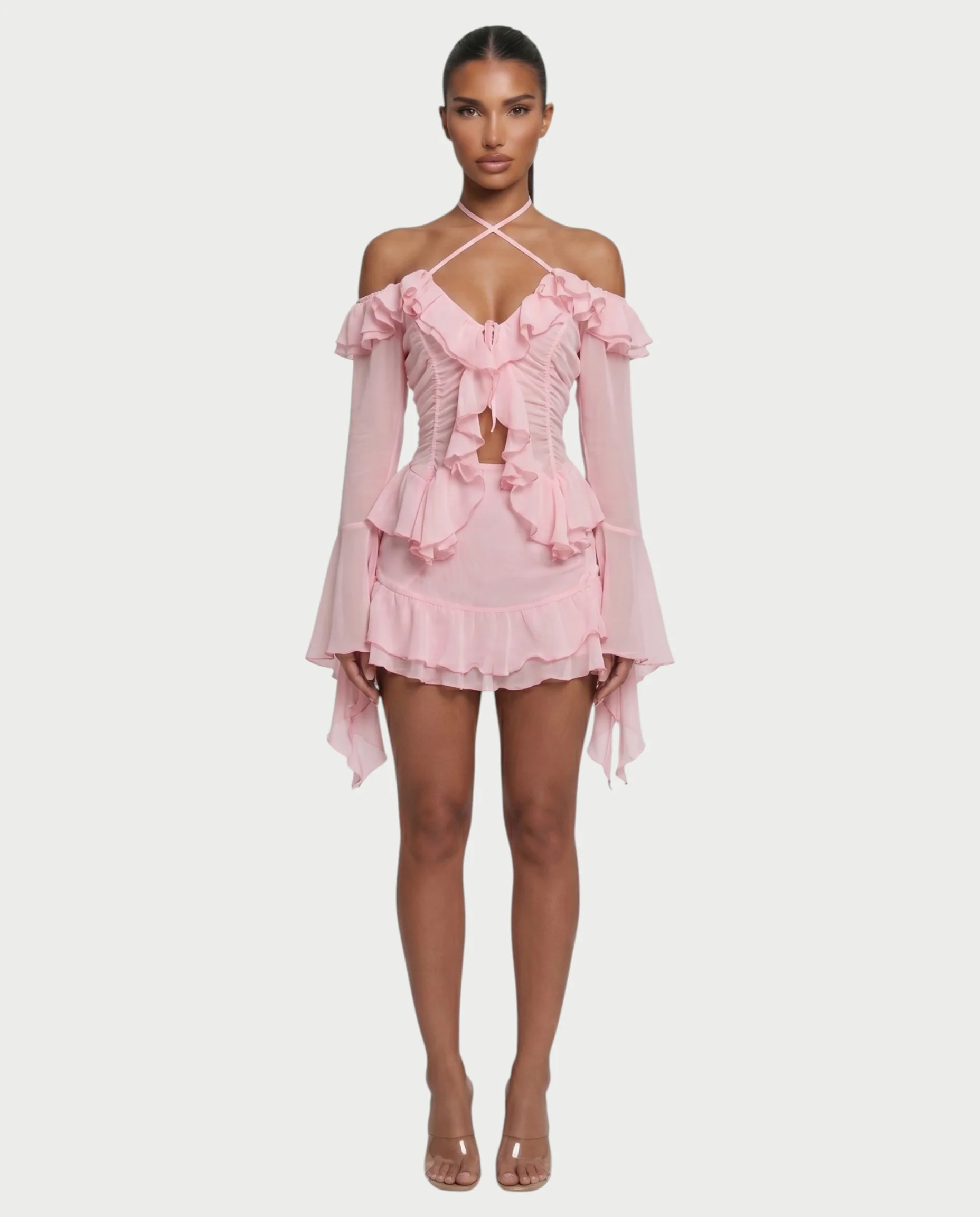 ZAFORA Ruched Chiffon Top & Ruffle Mini Skirt Set