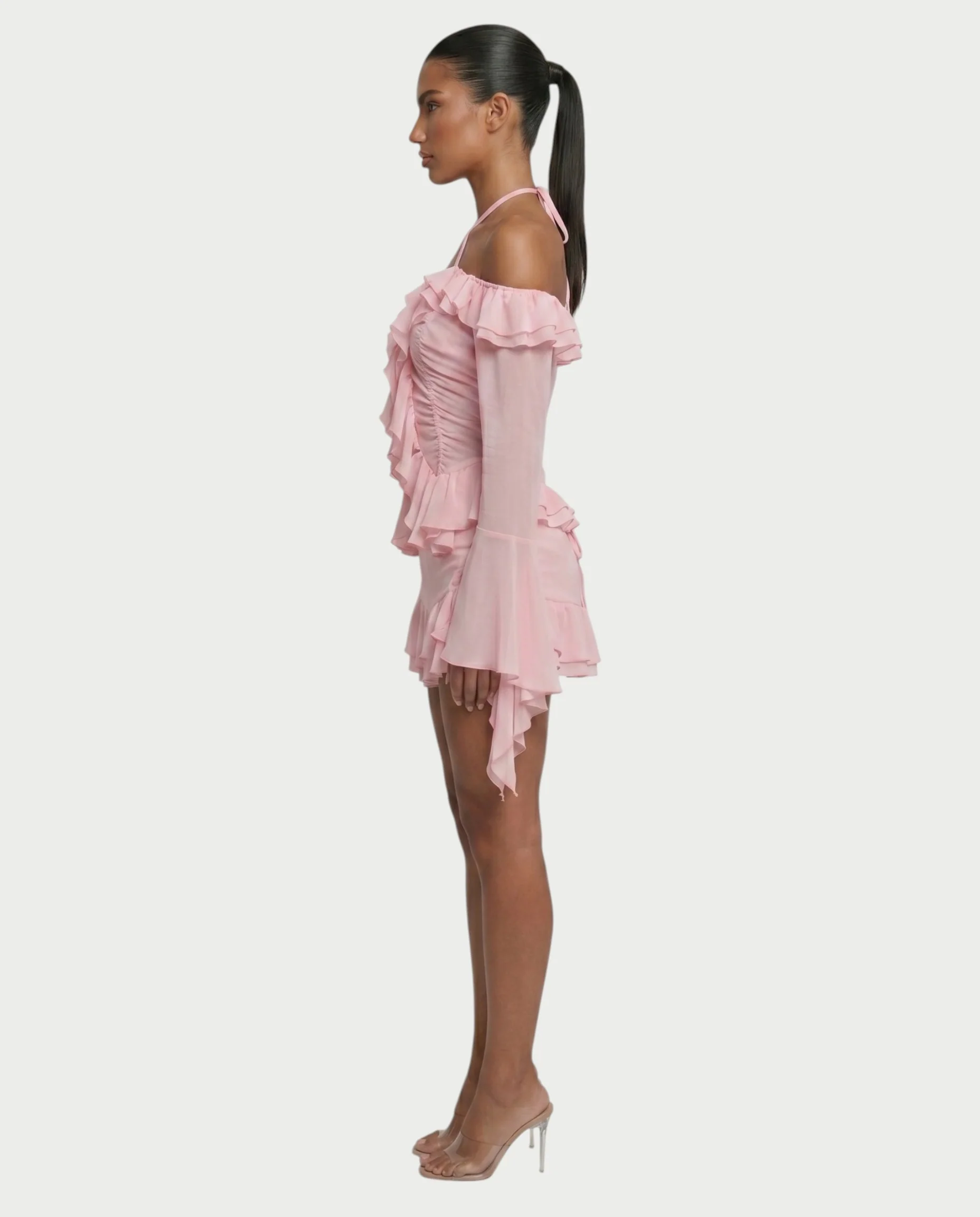 ZAFORA Ruched Chiffon Top & Ruffle Mini Skirt Set - Image 3