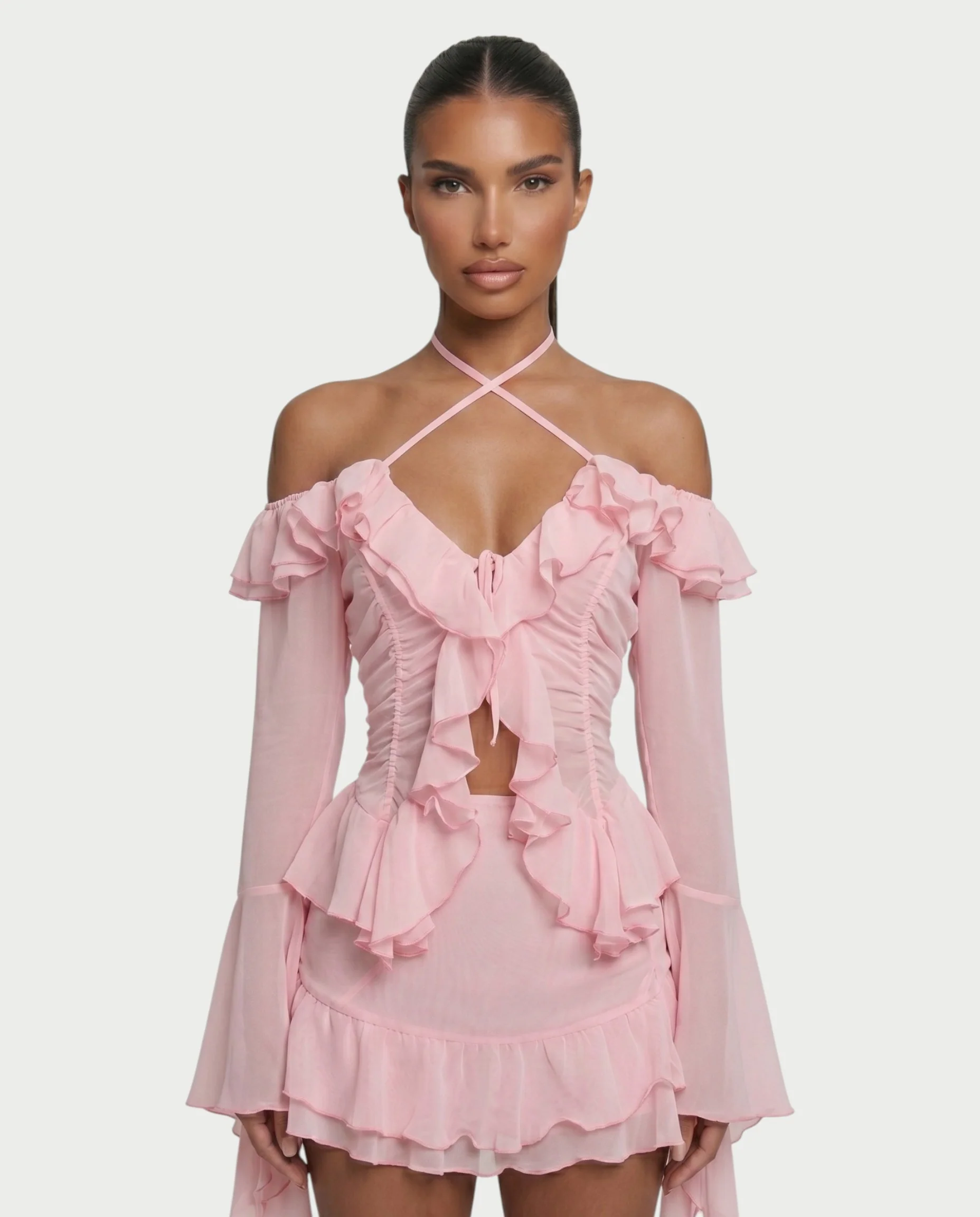 ZAFORA Ruched Chiffon Top & Ruffle Mini Skirt Set - Image 4