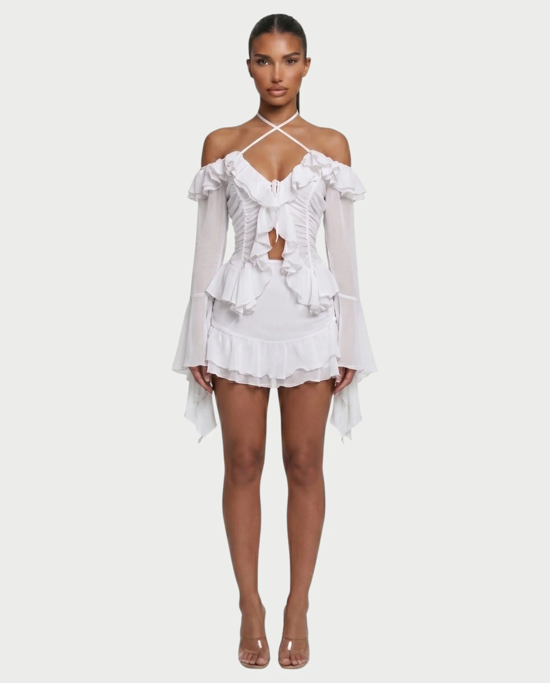 ZAFORA Ruched Chiffon Top & Ruffle Mini Skirt Set - Image 6