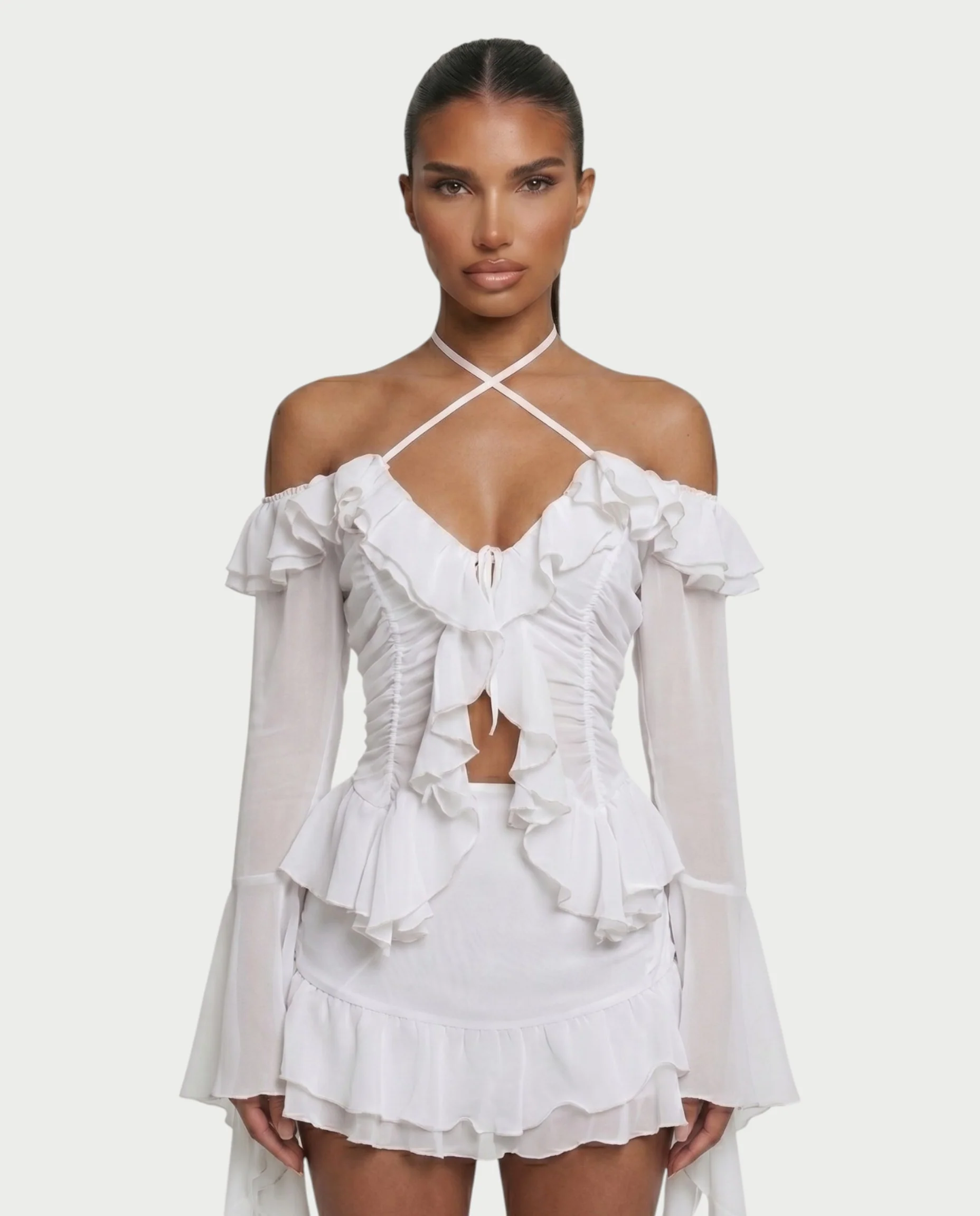 ZAFORA Ruched Chiffon Top & Ruffle Mini Skirt Set - Image 9