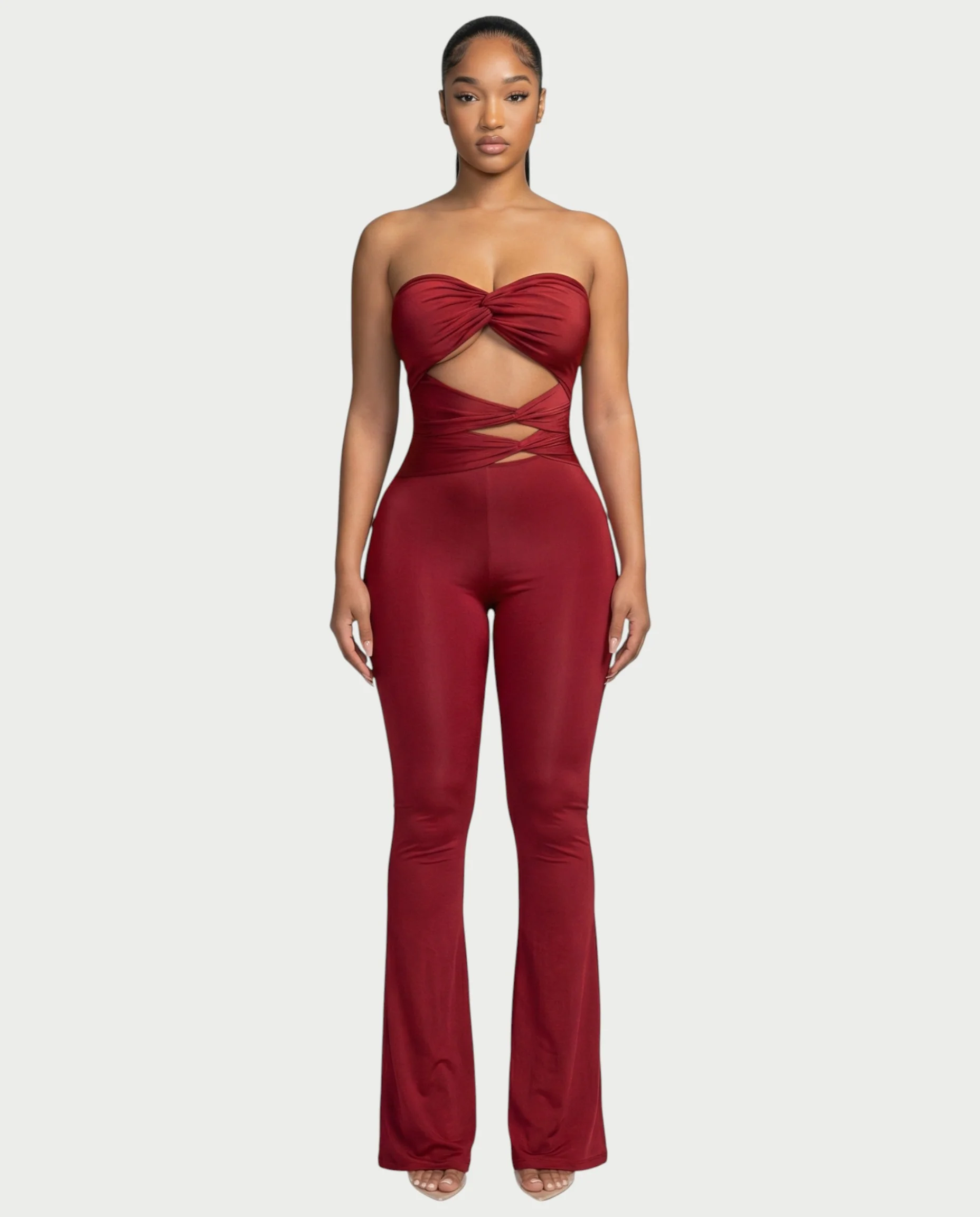 ZANIYA Strapless Twist-Front Flare Jumpsuit