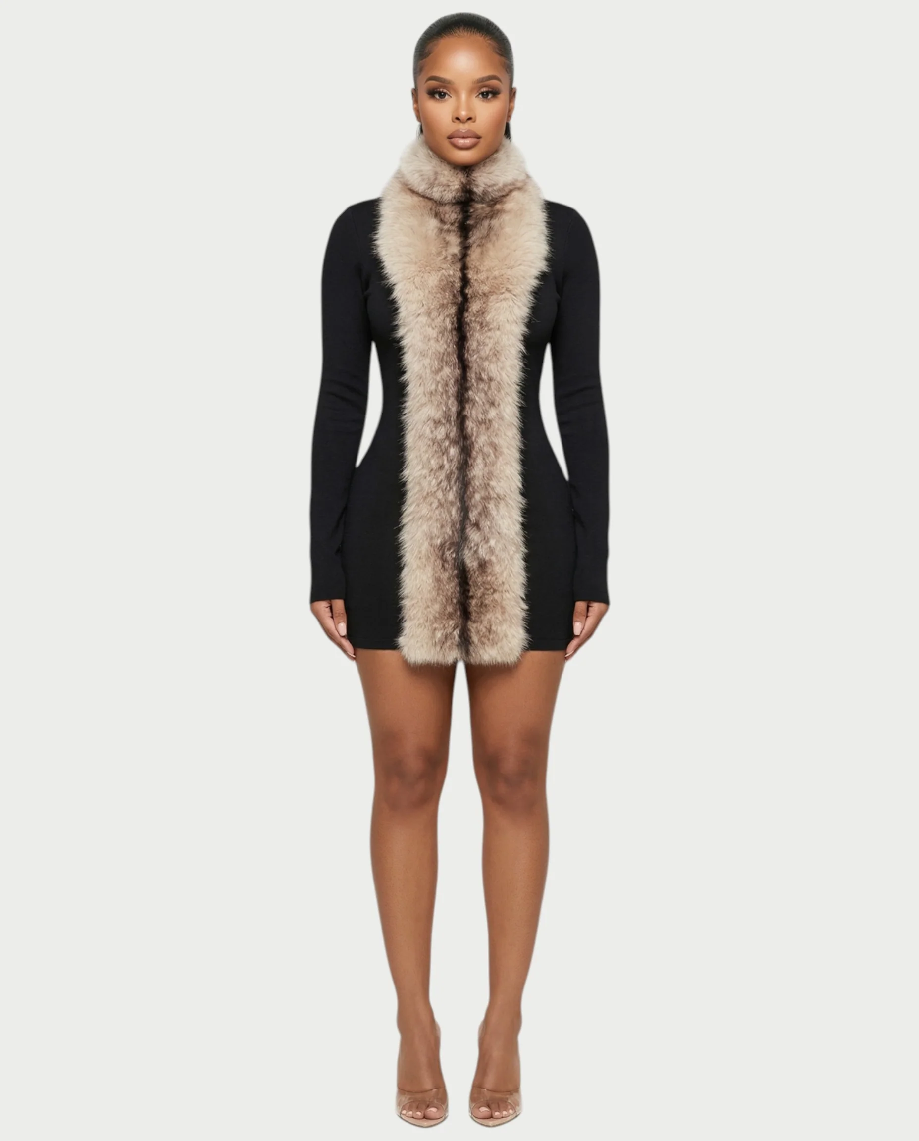 ZAYAH Long Sleeve Faux-Fur Bodycon Mini Dress