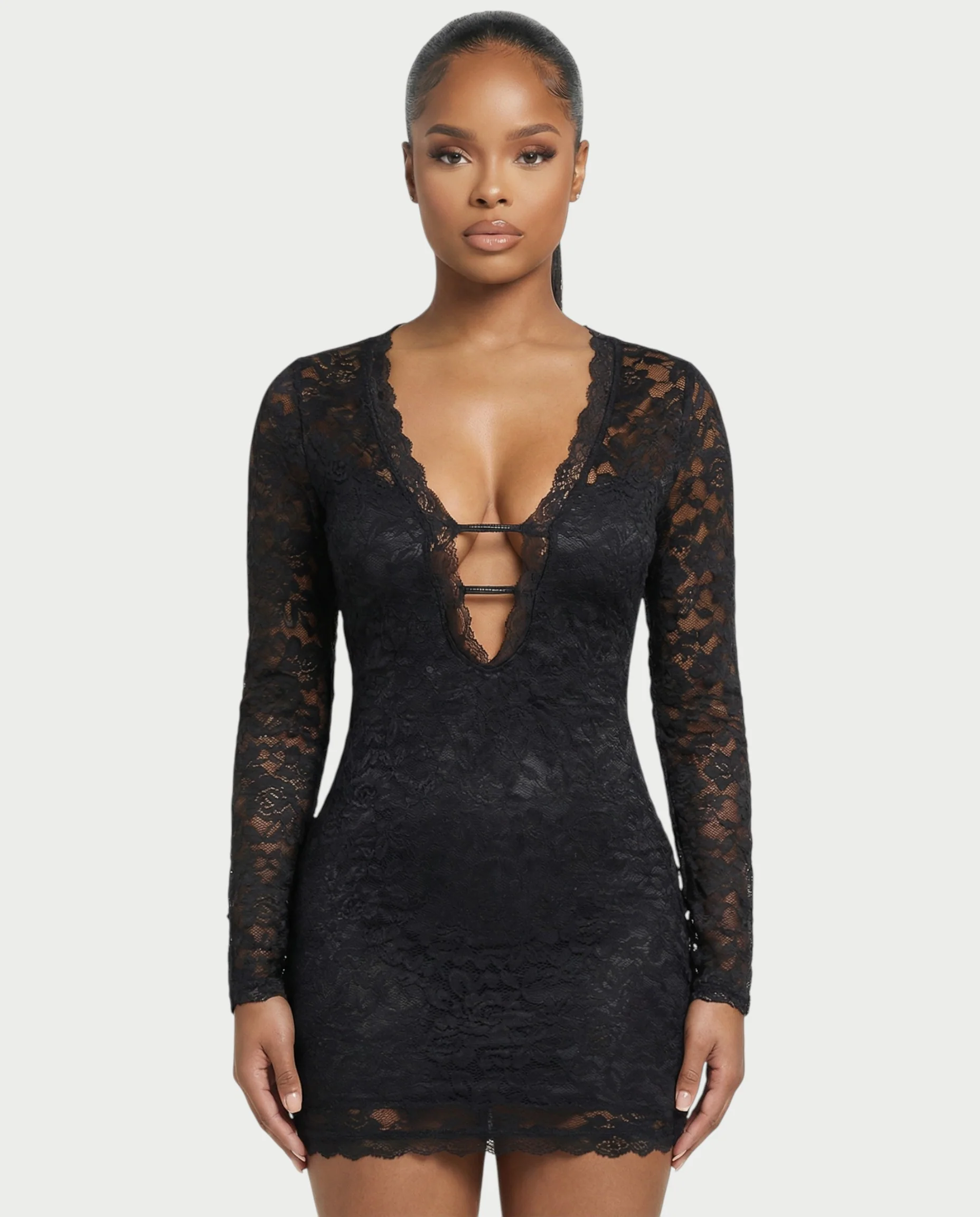 ZAYRIA Deep Plunge Sheer Lace Mini Dress - Image 2