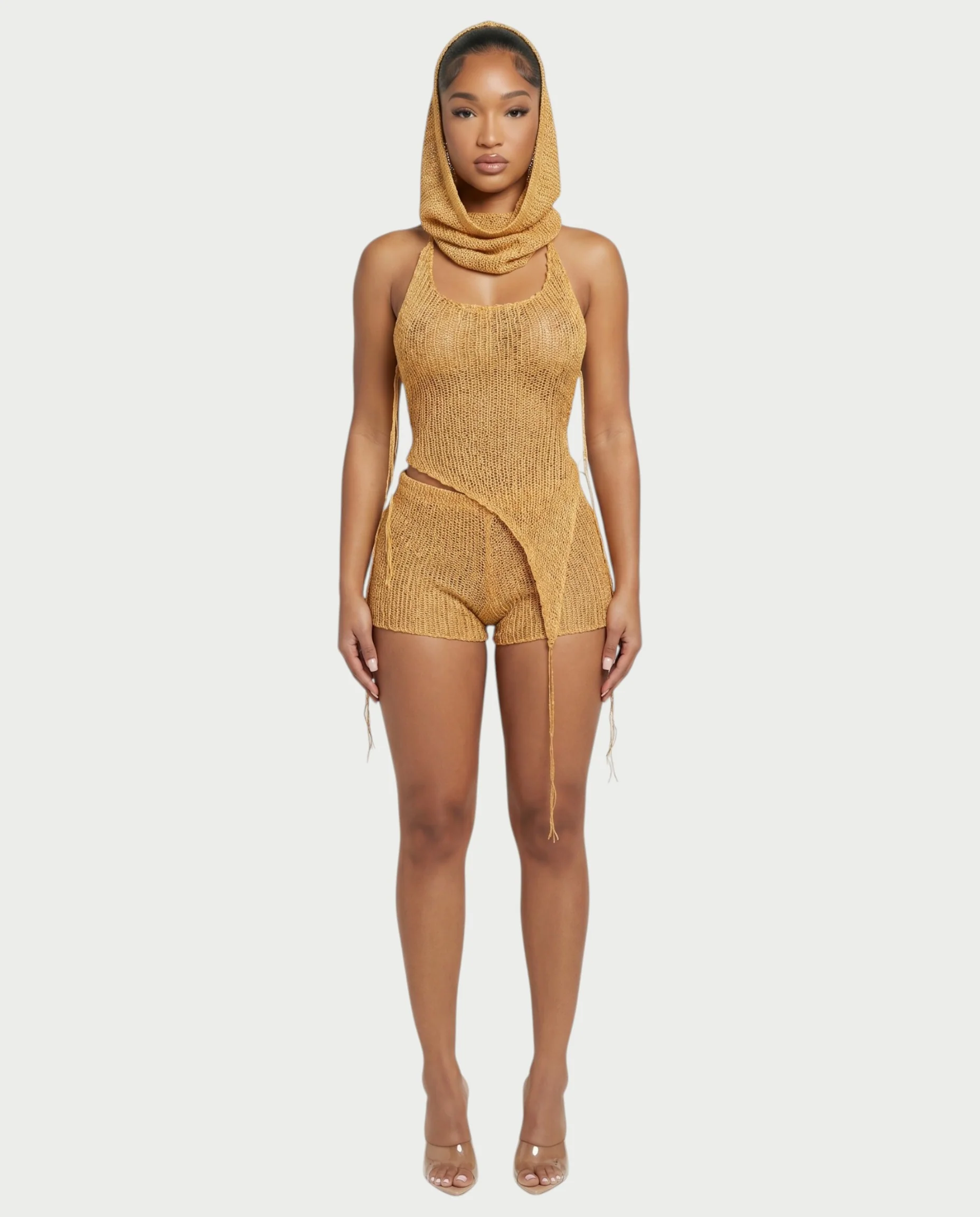 ZELISSE 3-Piece Halter Top, Shorts & Hooded Scarf Set