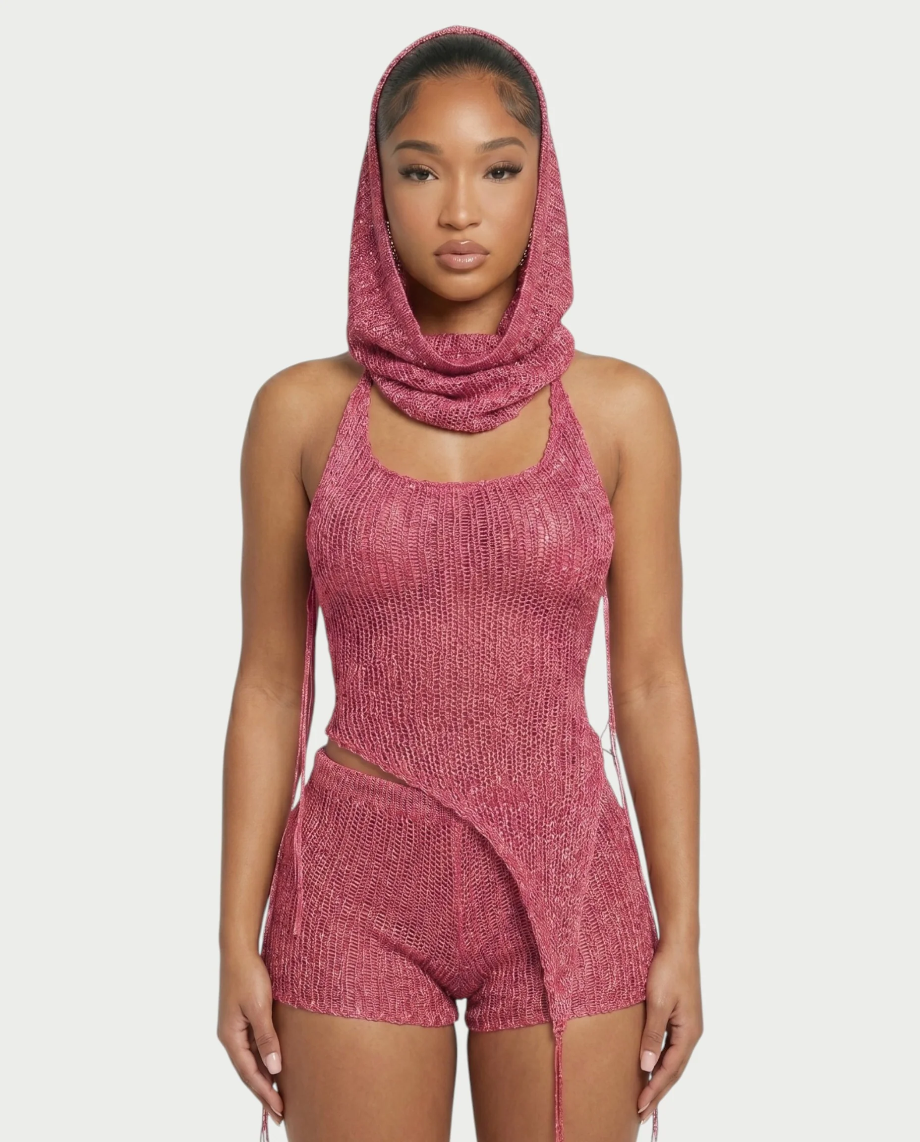 ZELISSE 3-Piece Halter Top, Shorts & Hooded Scarf Set - Image 14