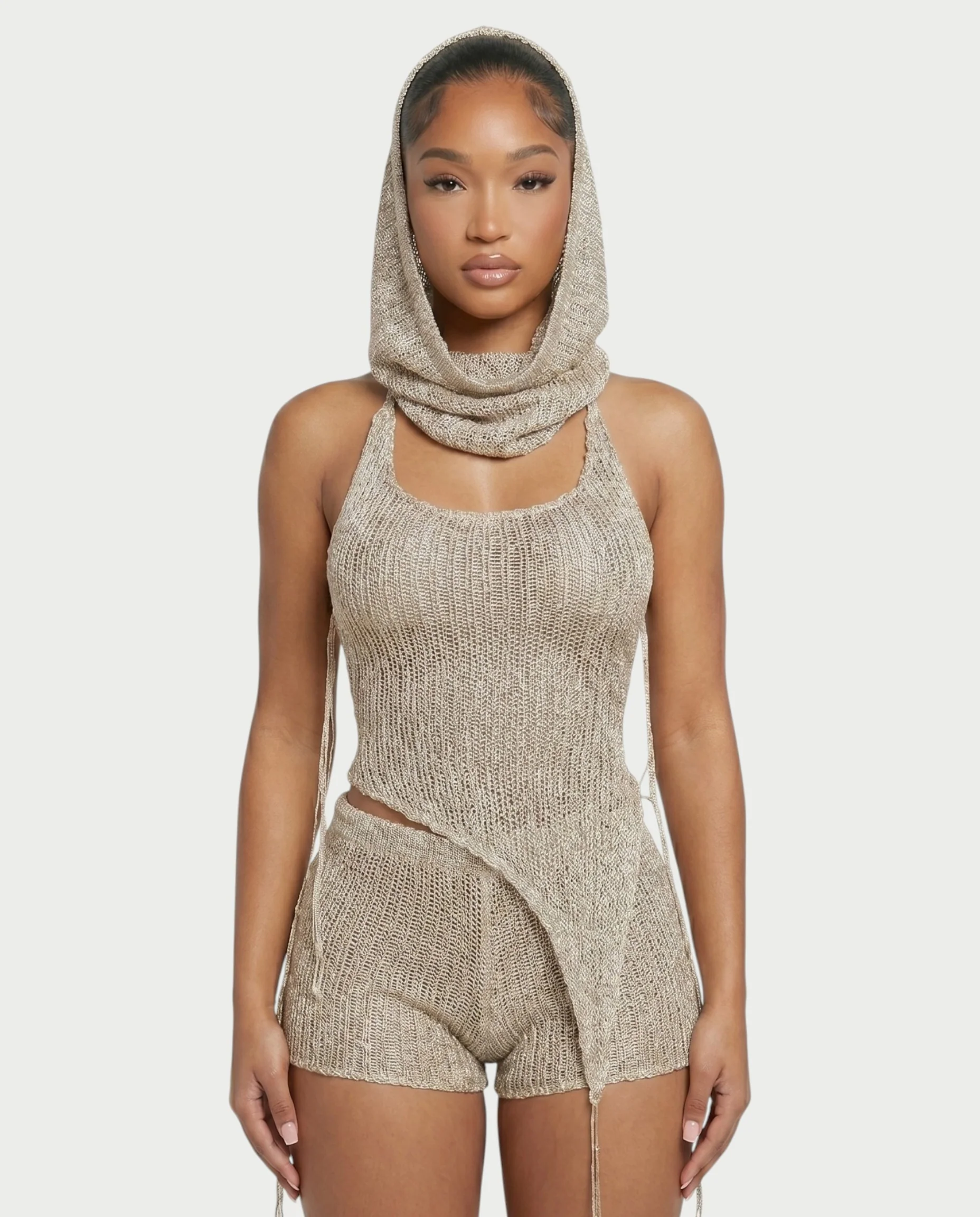 ZELISSE 3-Piece Halter Top, Shorts & Hooded Scarf Set - Image 19