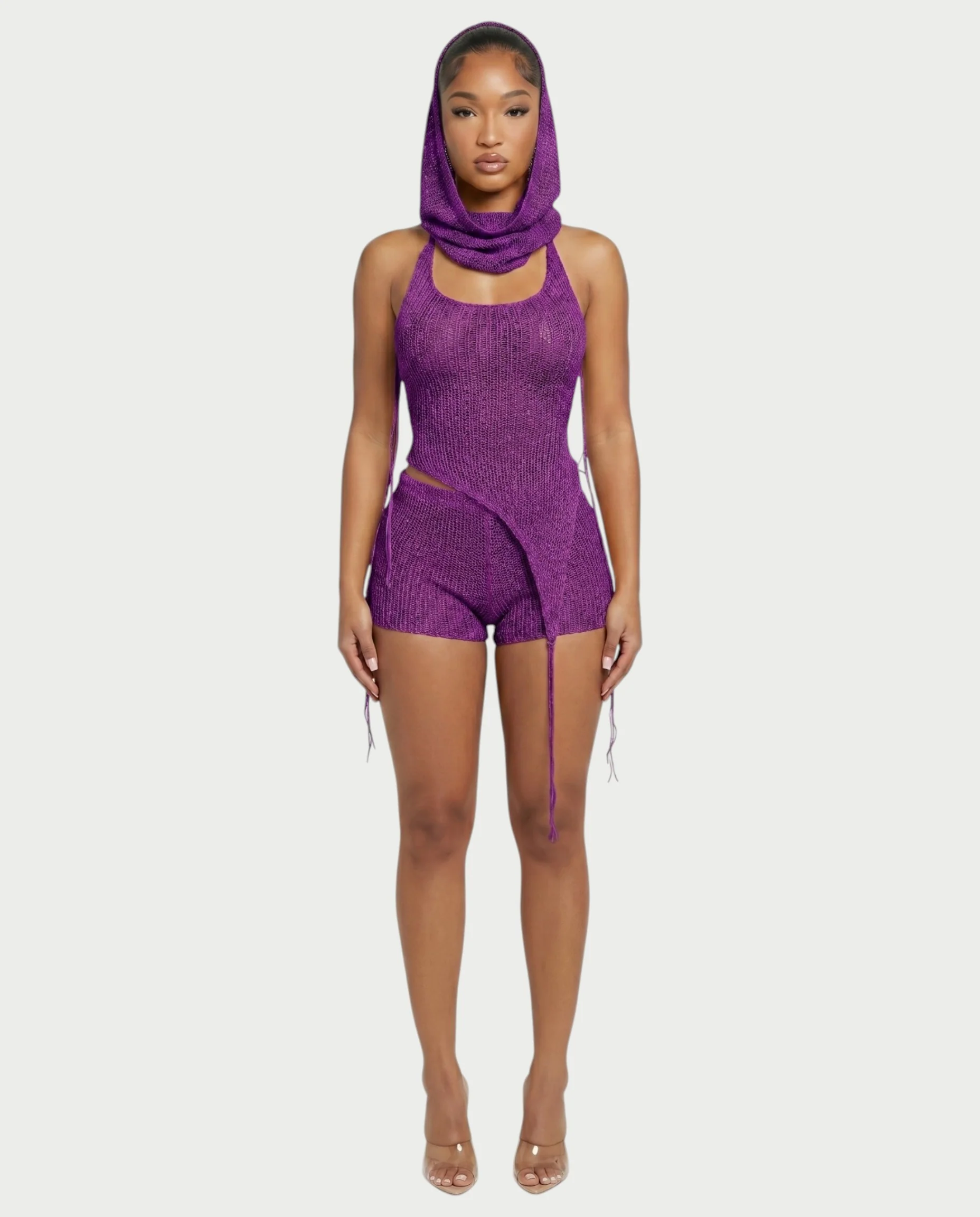 ZELISSE 3-Piece Halter Top, Shorts & Hooded Scarf Set - Image 31