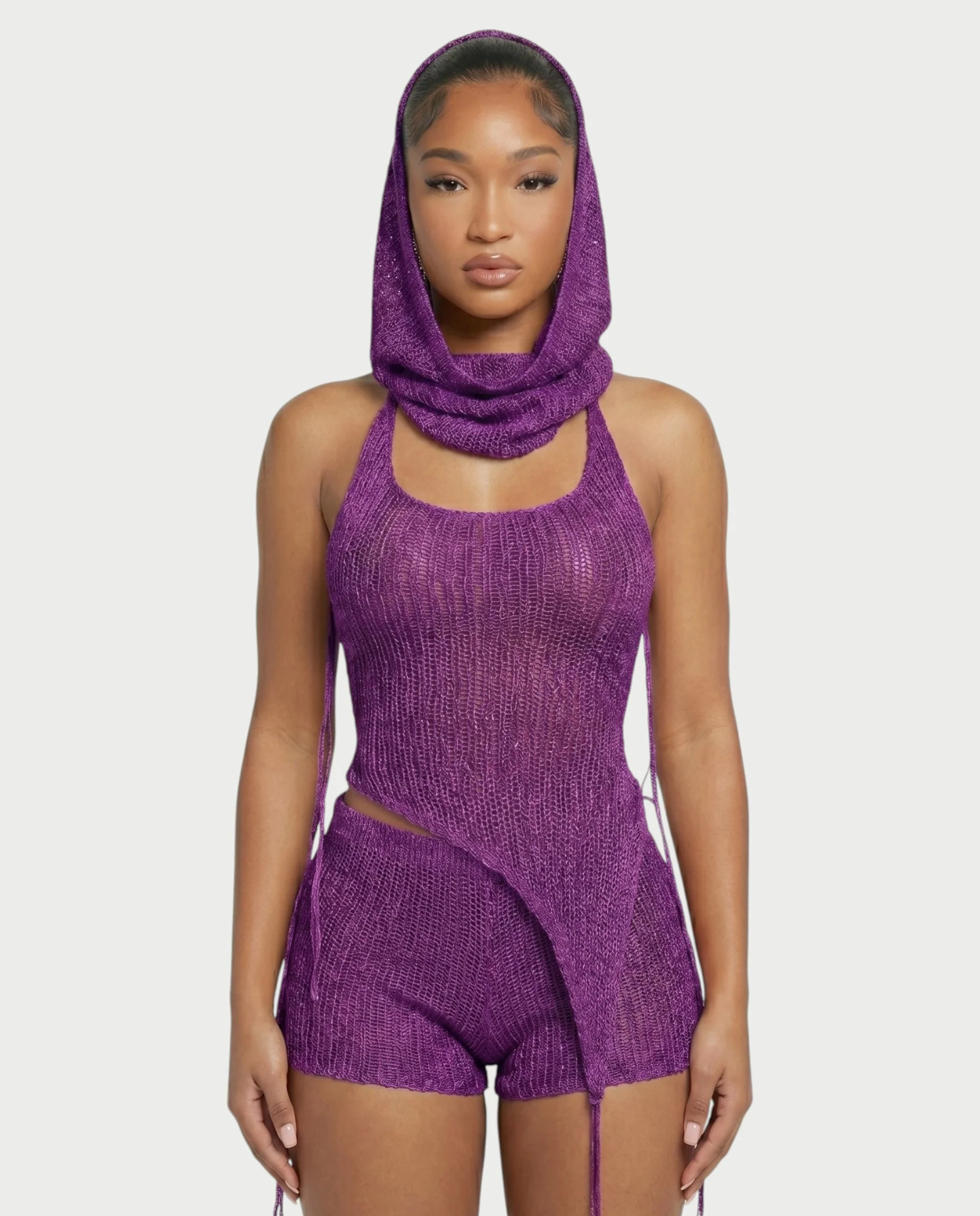 ZELISSE 3-Piece Halter Top, Shorts & Hooded Scarf Set - Image 34