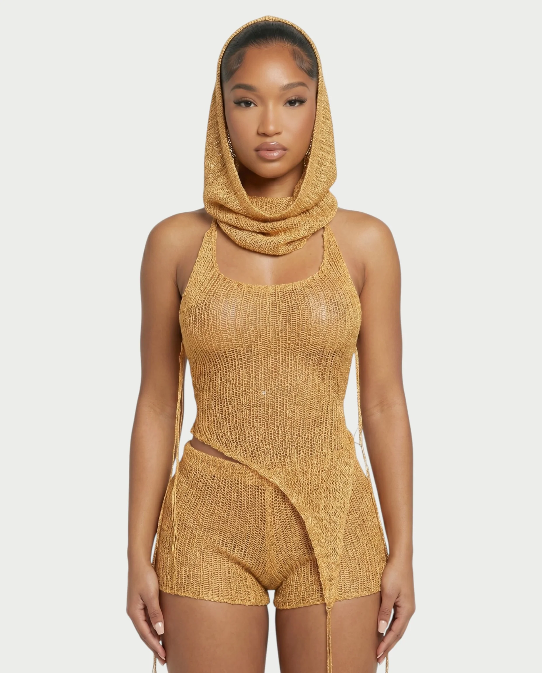 ZELISSE 3-Piece Halter Top, Shorts & Hooded Scarf Set - Image 4