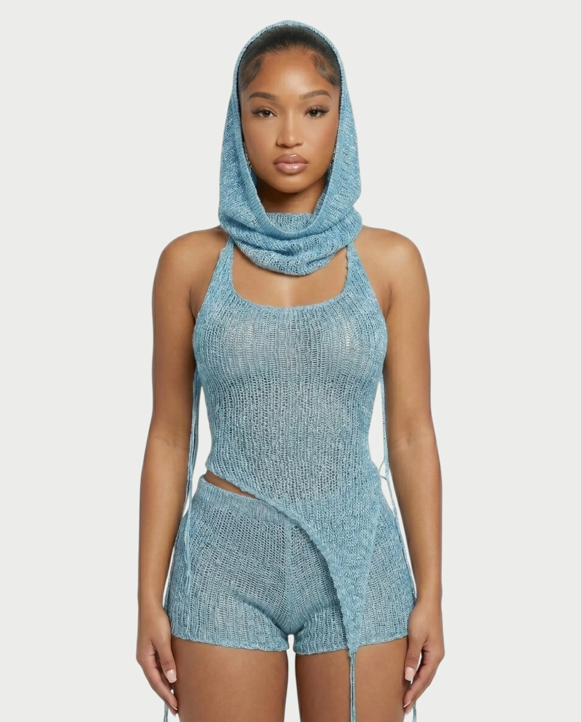 ZELISSE 3-Piece Halter Top, Shorts & Hooded Scarf Set - Image 9
