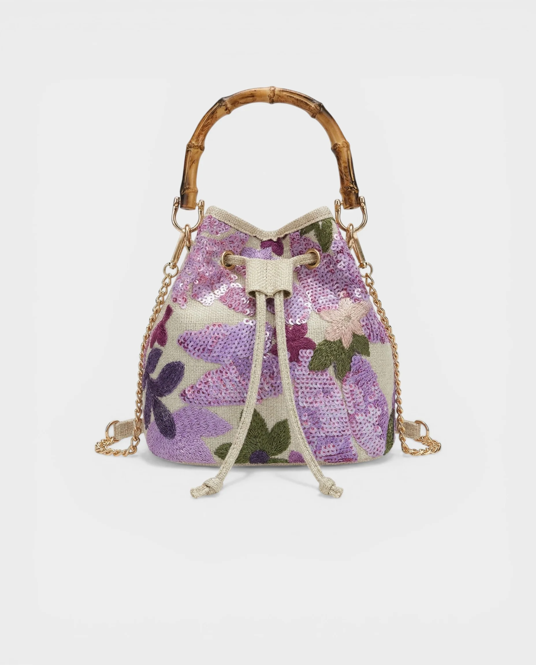ZERINA Lavender Floral Sequin Bamboo Handle Bucket Bag