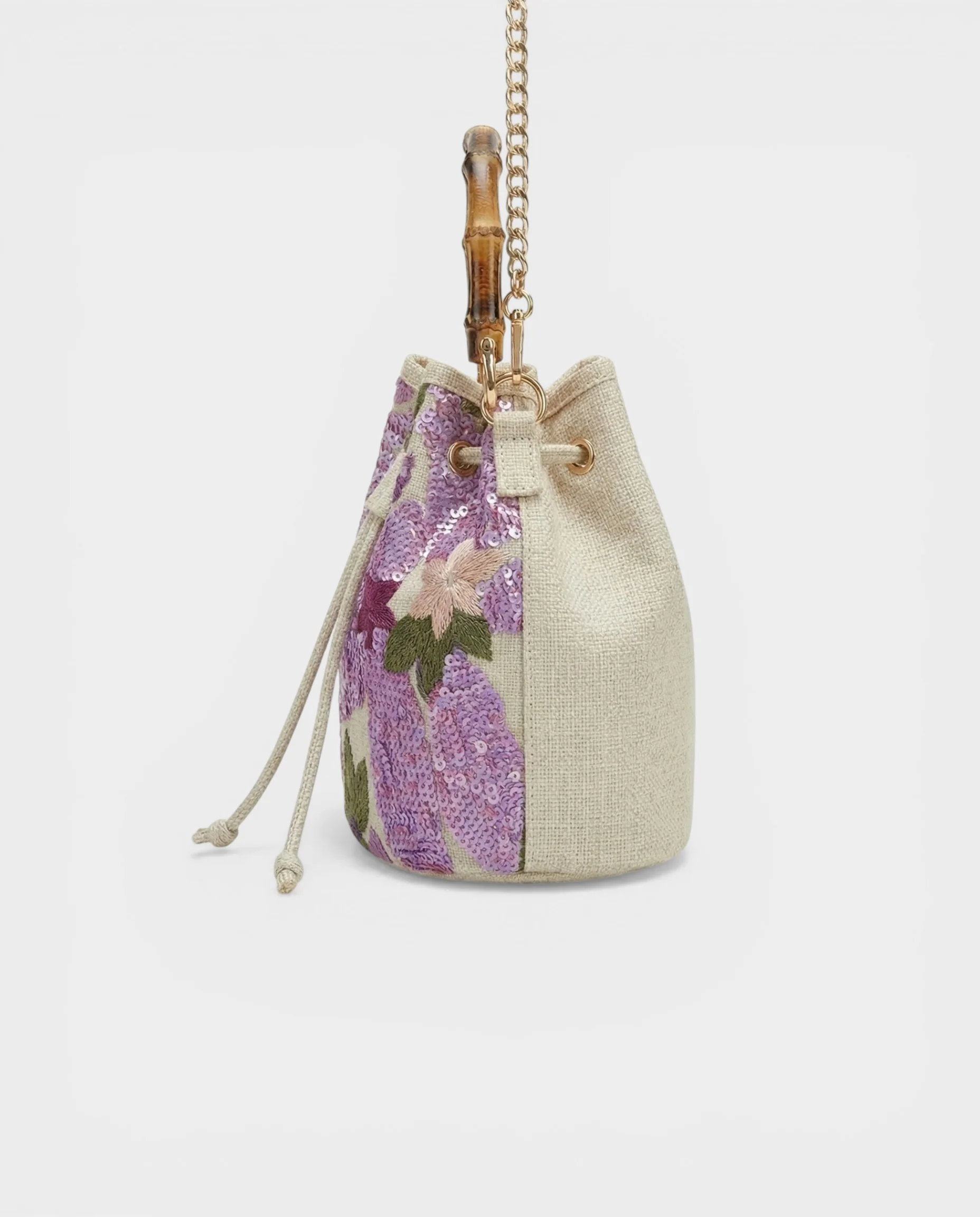 ZERINA Lavender Floral Sequin Bamboo Handle Bucket Bag - Image 3