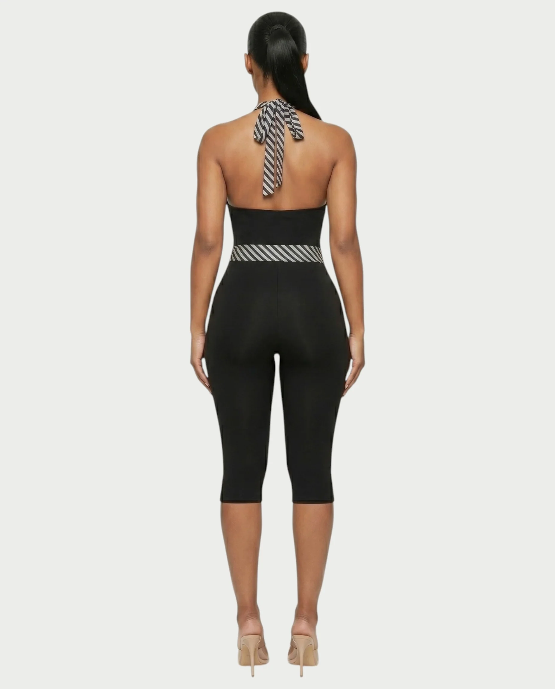 ZIAH Monochrome Striped Halter Neck Tie-Waist Capri Romper - Image 2