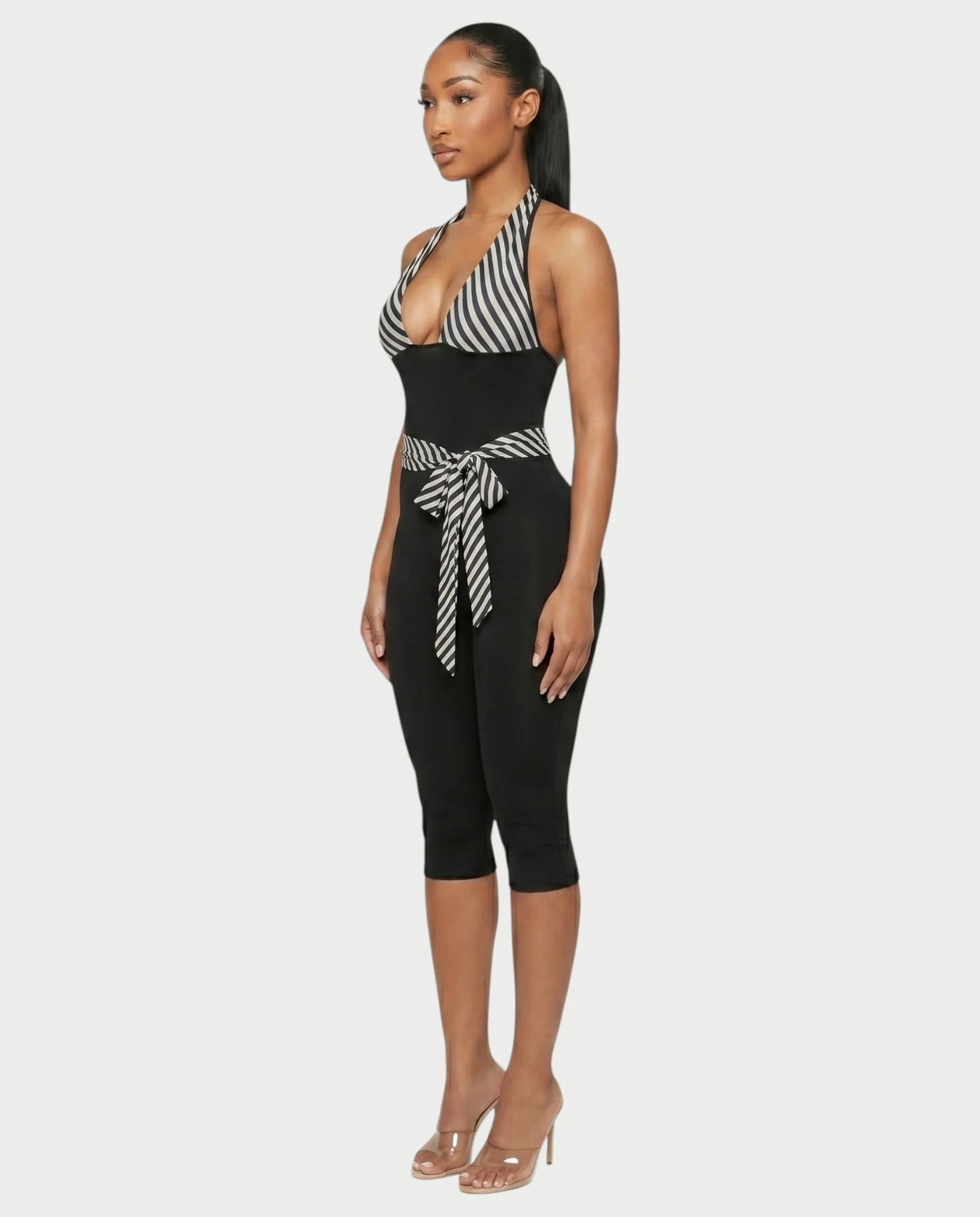 ZIAH Monochrome Striped Halter Neck Tie-Waist Capri Romper - Image 3