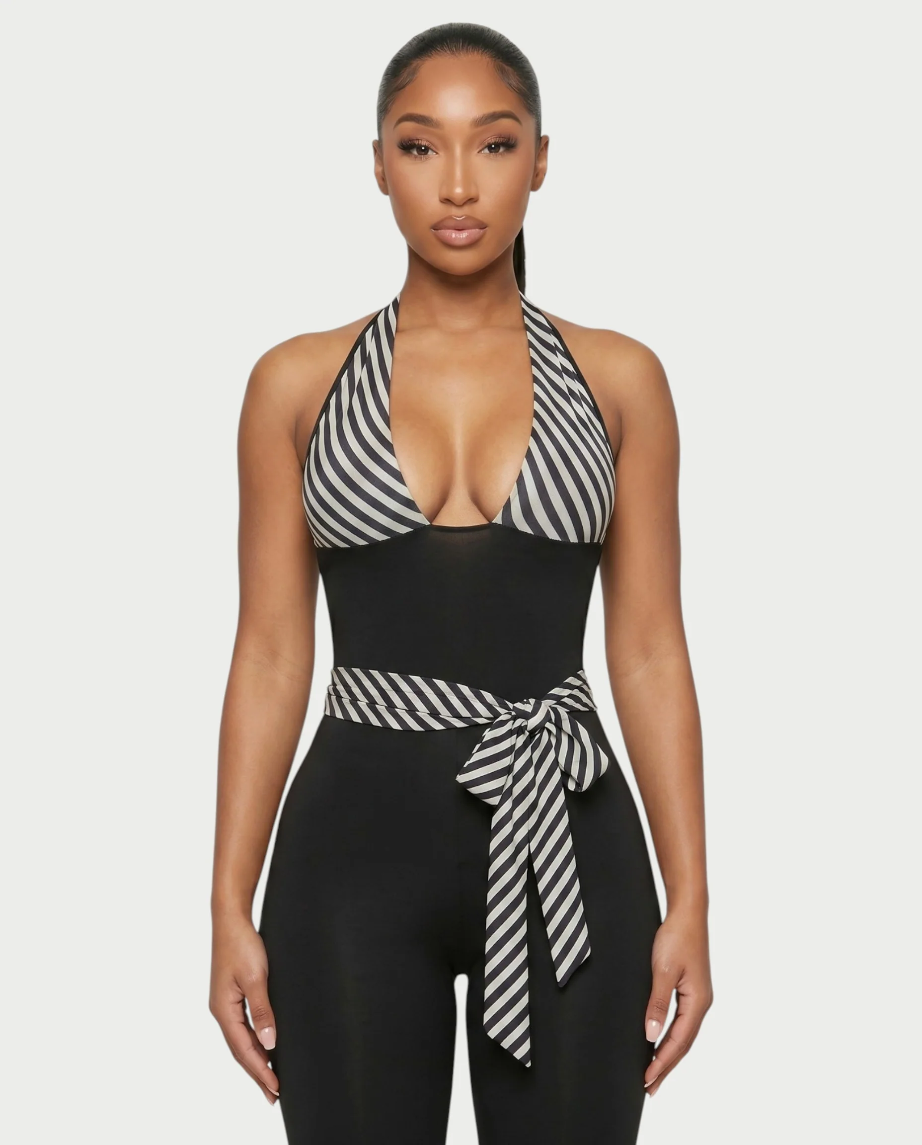 ZIAH Monochrome Striped Halter Neck Tie-Waist Capri Romper - Image 4