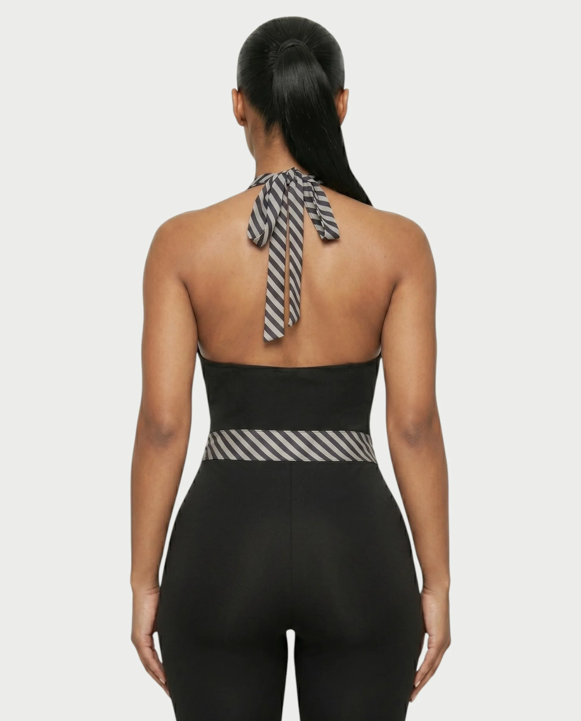 ZIAH Monochrome Striped Halter Neck Tie-Waist Capri Romper - Image 5