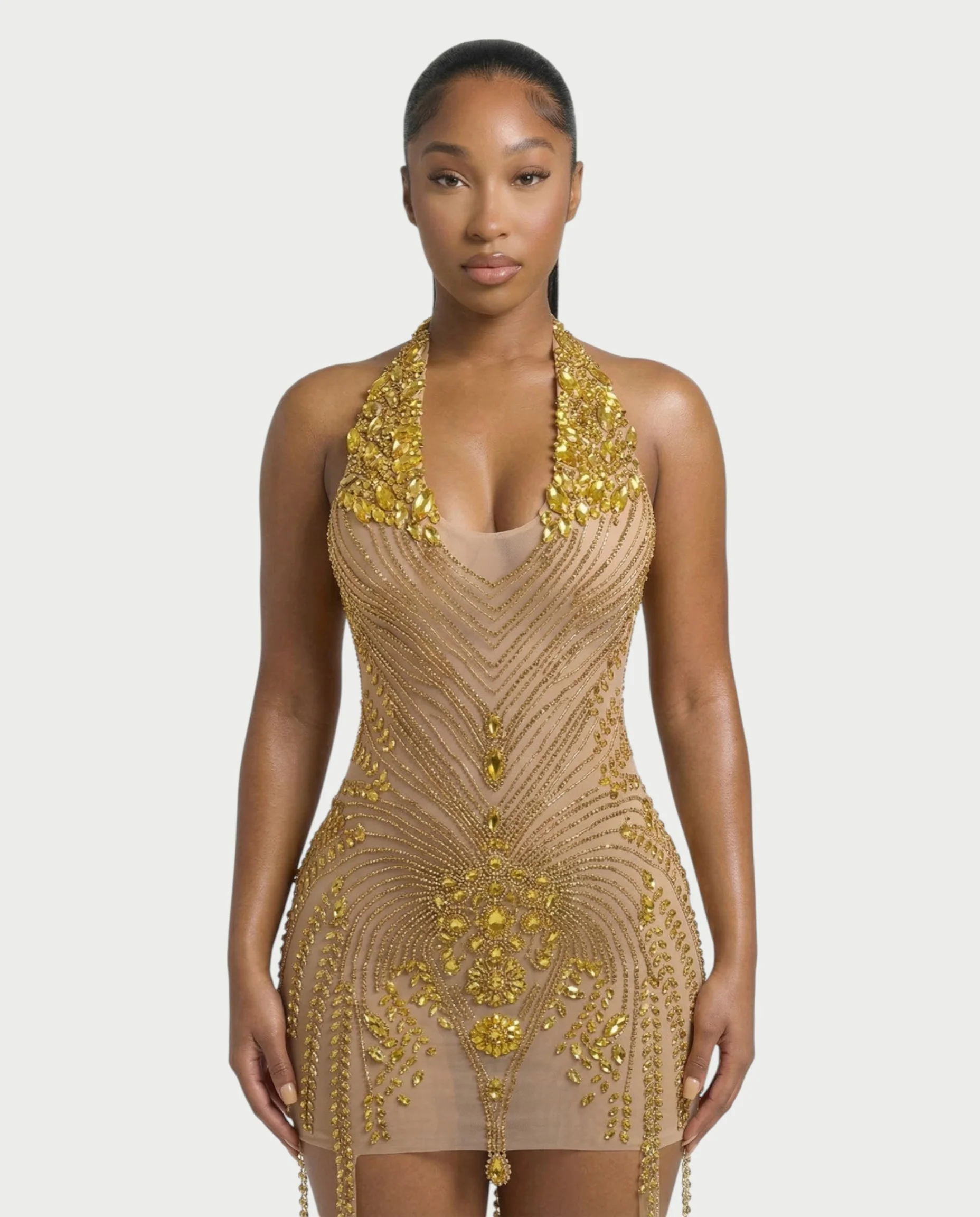 ZYRIL Halter Sheer Crystal Bodycon Mini Dress - Image 4